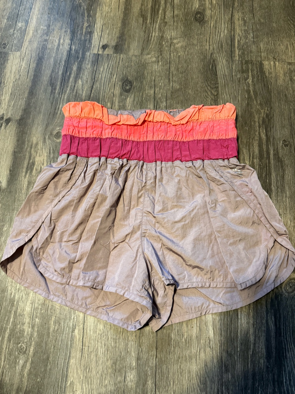 Free People Movement Ruffled Waist Shorts - Taupe with Pink & Coral Waistband
